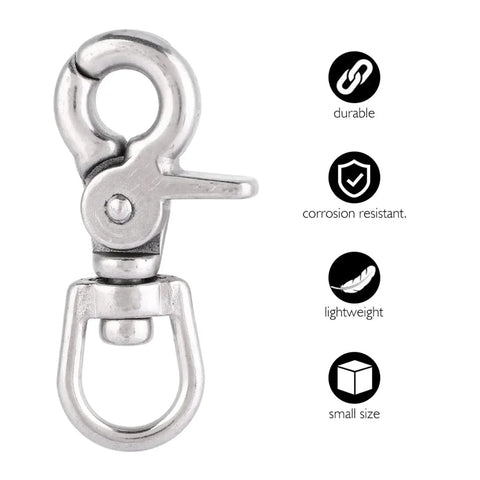 Close-up of polished stainless steel trigger swivel snap hook with loop, 65mm length for marine use