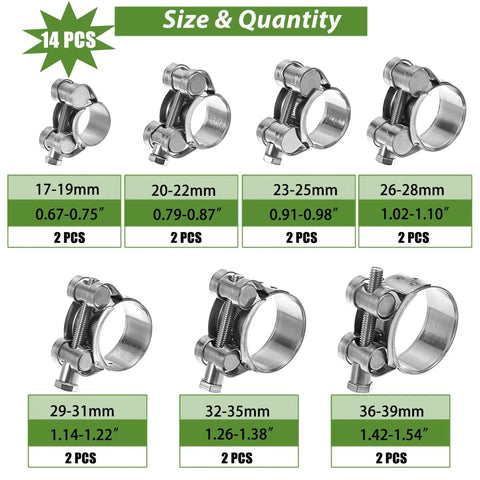 Image showing Stainless Steel T Bolt Hose Clamps Set Of 14 In Seven Sizes Ranging From 17 To 39 Mm, displayed by size.