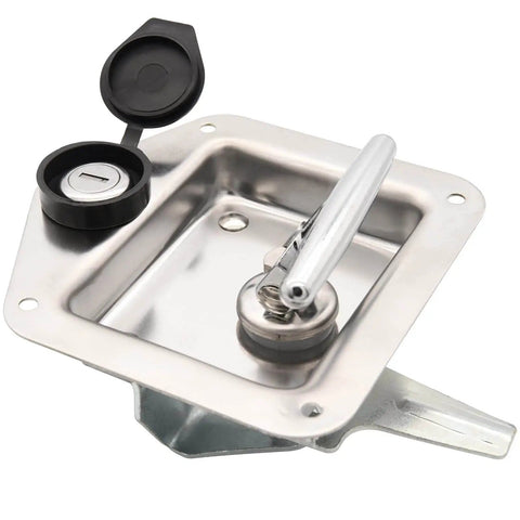 Front view of T Handle Latch Replacement Kit Stainless Steel 2 Pack For Truck Tool Box Camper RV Trailer Doors With 4 Keys And 2 Gaskets Waterproof Seal Keyed Alike E45, showing one stainless T-handle latch with visible lock.