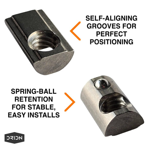 Ten Series Stainless Steel Self Aligning Roll In T Nut With Ball Spring For One Quarter Twenty Thread 25 Pack Built For 8020 Compatible T Slot Hardware shown with self-aligning grooves and spring-ball retention features.