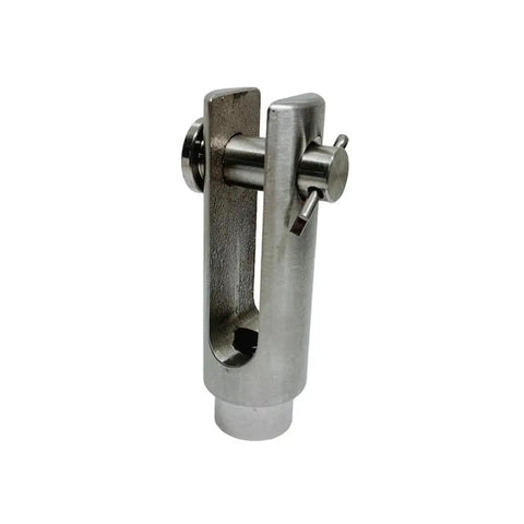 Close-up of Stainless T316 Right Hand Threaded Yoke End Three Eighths Inch 4 Pack 1200 Lbs, showing right-hand thread and pin.