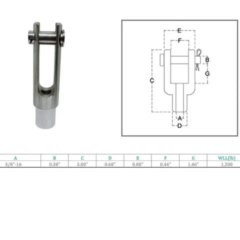 Stainless T316 Right Hand Threaded Yoke End Three Eighths Inch 4 Pack 1200 Lbs, diagram and dimensions, close-up view