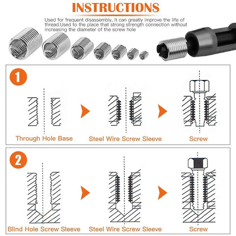 Illustration of usage instructions for 84 Piece 304 Stainless Steel Wire Thread Inserts Helicoil Type Screw Repair Sleeve Kit.