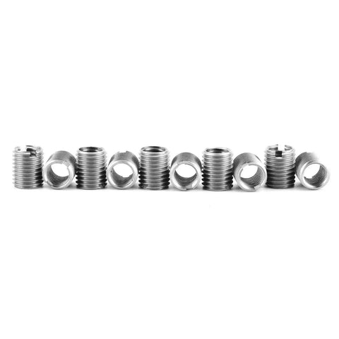 Stainless Steel Thread Repair Tool Kit With 10 Insert Nuts M8 X 1.25 Female Threads And M10 X 1.25 Male Threads, displayed lined up.