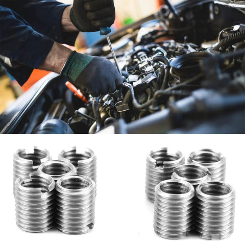 Mechanic using Stainless Steel Thread Repair Tool Kit with 10 Insert Nuts M8 X 1.25 Female Threads And M10 X 1.25 Male Threads