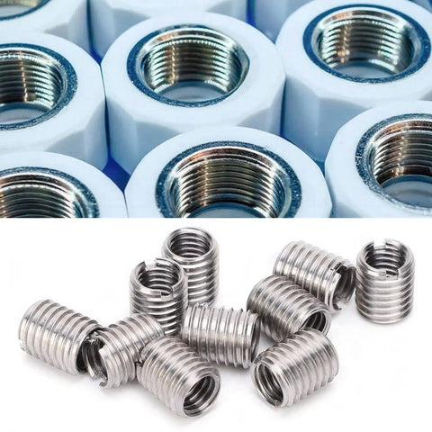Stainless Steel Thread Repair Sleeve 10 Pack Insertion Nut For Fixing Stripped Threads In Automotive And Mechanical Equipment Converts M8x1.25 Female To M10x1.5 Male Then Restores To M8x1.25 shown in close-up view