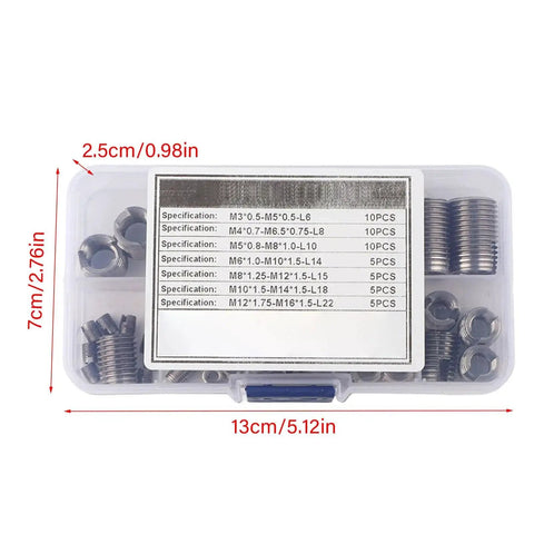 50 Pcs Threaded Inserts Set Self Tapping Stainless Steel Inner Thread For Plastic And Soft Materials With Storage Box Includes M3 M4 M5 M6 M8 M10 M12 M14 M16 in a clear plastic box