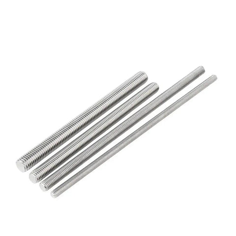 Four stainless steel fully threaded rods with right hand threads, suitable for mechanical fastening and assembly projects.