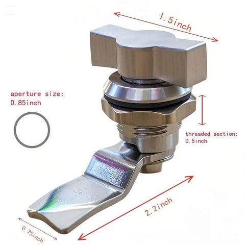 Sturdy stainless steel thumb operated offset cam lock delivers durable, keyless security for RV compartments, cabinets, doors and mailboxes; easy knob turn enables quick, tool free access in a two pack shown in dimensions with 1.5 inch knob, 2.2 inch cam, 0.5 inch threaded section.