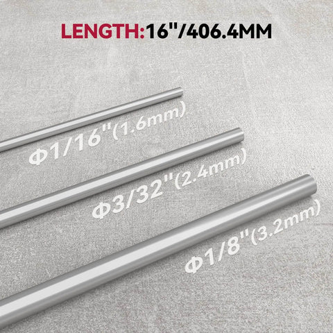 ER308L Stainless Steel TIG Welding Rod 1 16th Inch Diameter 16 Inch Length 5 Pound Pack For TIG Welding With 100 Percent Argon Shielding Gas Low Carbon Alloy Delivers Smooth Welds And Strong Corrosion Resistance, shown in three diameters on textured gray background.