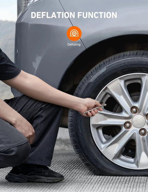 Person using 2 Pack Pencil Tire Pressure Gauge, 10 To 75 PSI Range, ANSI B40.1 Grade B ±2% Calibration, Stainless Steel Body With Metal Nozzle on car tire