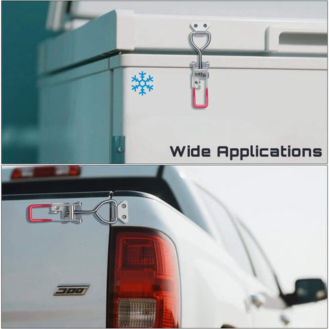 Heavy duty 304 stainless steel toggle clamp latch with 1320 lb holding capacity on cooler and truck for secure closures.