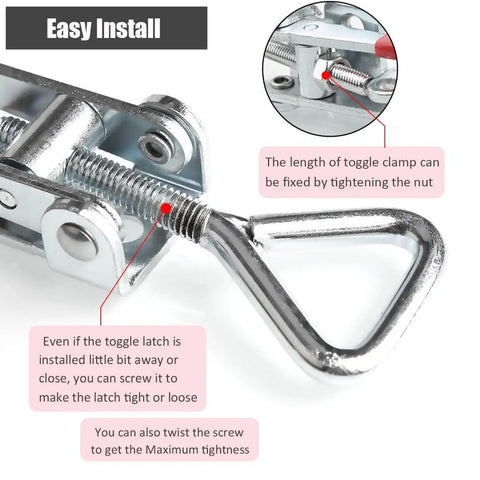 Close-up of heavy duty adjustable toggle clamp latch with locking feature and instructions for installation and adjustment.