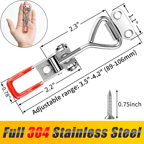 Durable 304 stainless steel toggle latch clamps offer secure, quick-release operation with a 330 lb holding capacity, shown with dimensions.