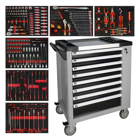 421 Pcs Tool Sets Rolling Box Heavy Duty Stainless Steel Tool Chest 7 Drawers Tool Cabinet Cart Trolley with tools displayed