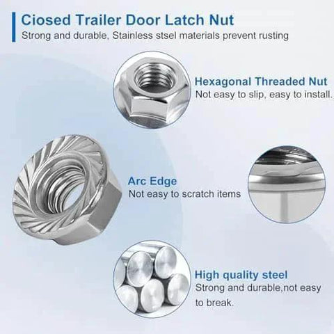 Hexagonal threaded stainless steel nut close-up, showcasing arc edge, high-quality steel material, and features in blue text overlay.