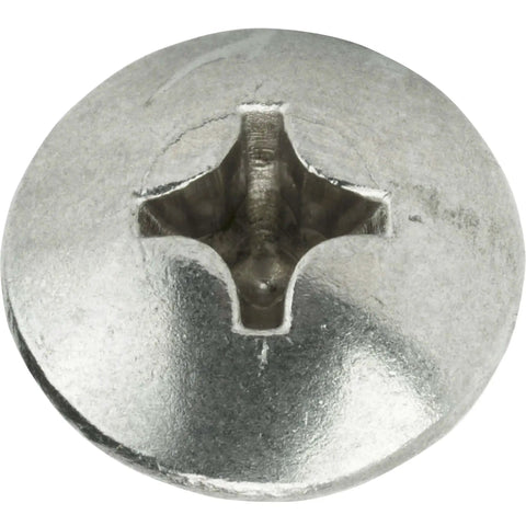 Close-up of No 12 1.5 Inch Truss Head Self-Tapping Sheet Metal Screw, Phillips drive, stainless steel, 18-8 bright finish