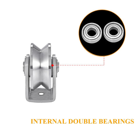 2pcs V Groove Wheel Stainless Steel Heavy Duty Wire Rope Pulley Block Sliding Gate Rollers Double Bearing Plate Caster Solid Track Rollers
