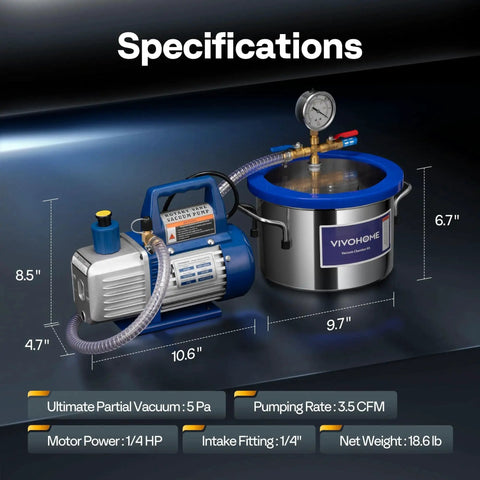 1.5 Gallon Stainless Steel Vacuum Chamber With Pump Degassing Kit Including 3.5 CFM 1/4 HP Single Stage Vacuum Pump And Oil