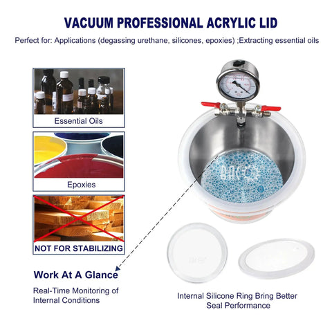 1.5 Gallon Stainless Steel Vacuum Chamber Kit For Resin And Epoxy Degassing With Acrylic Lid And Silicone Gasket overview