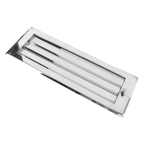 Installed stainless steel louvered vent, rectangular 22 x 7.9 in, mirror-polished finish with locking adjustable opening
