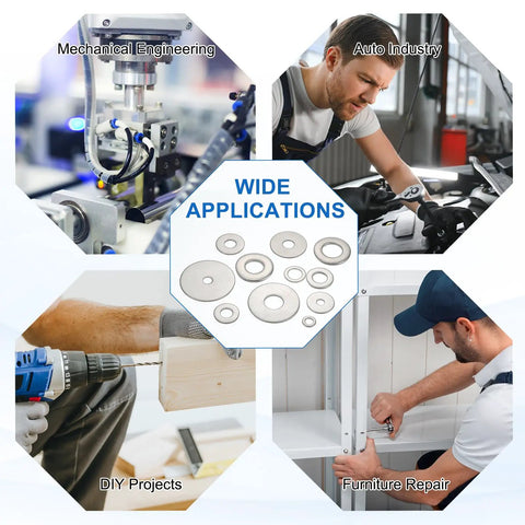 20 Pcs M5 Stainless Steel Flat Washers Set For Screws Bolts Plumbing Automotive And Electrical Projects, collage of uses in various industries.