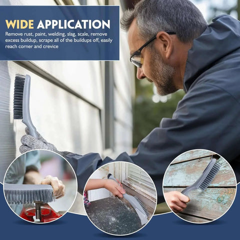 Man using Stainless Steel Wire Brush Set 2Pcs on outdoor siding for cleaning rust and paint, showing wide application of heavy duty brushes.