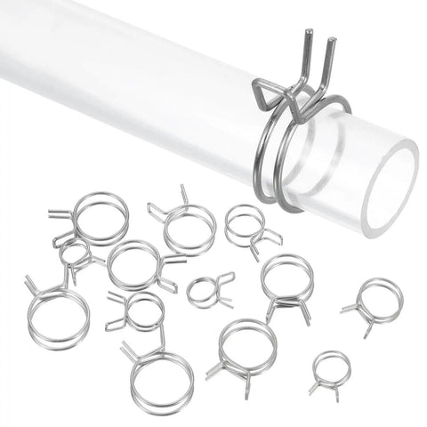 Stainless steel double wire spring hose clamps kit, 20 pieces, 19 mm inner diameter opens to 21 mm shown securing a transparent tube.