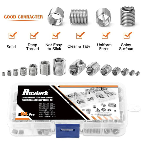 84 Piece 304 Stainless Steel Wire Thread Inserts Helicoil Type Screw Repair Sleeve Kit With M3 M4 M5 M6 M8 M10 M12 Sizes In A Grid Case