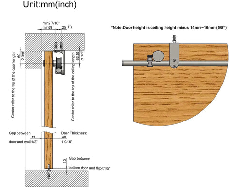Diagram of Stainless Steel Ceiling Mount Sliding Barn Door Hardware Kit showing installation details and measurements.