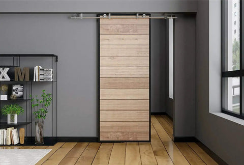 Installed Stainless Steel Ceiling Mount Sliding Barn Door Hardware Kit with wooden door, two flat rollers, and stoppers.