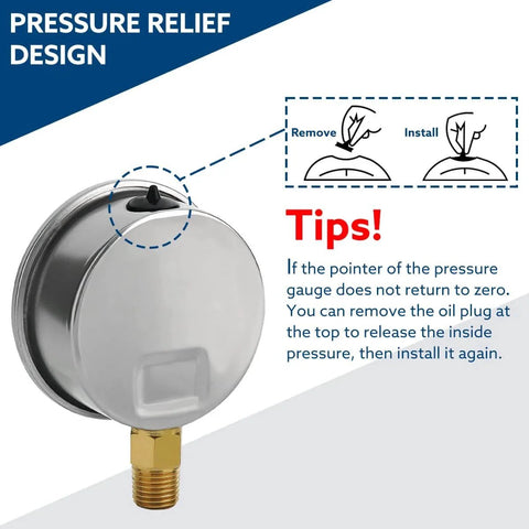 Back view of 0-100 Psi Glycerin Liquid Filled Low Pressure Gauge with pressure relief design tips for installation and maintenance.