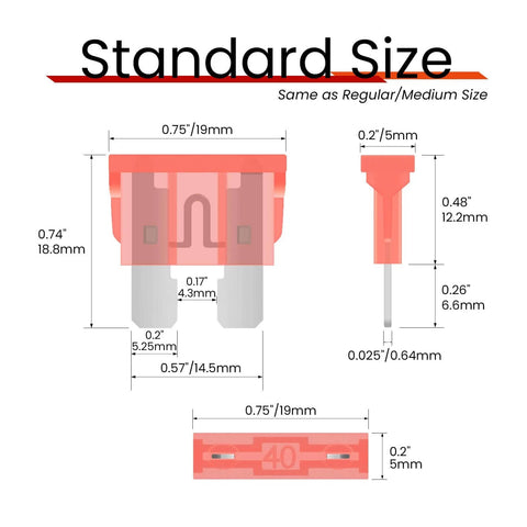 Dimensions of 25 Pack 40 Amp Blade Car Fuses ATC ATO Compatible For Cars RVs Trucks SUVs Motorcycles Boats Standard Size 32V