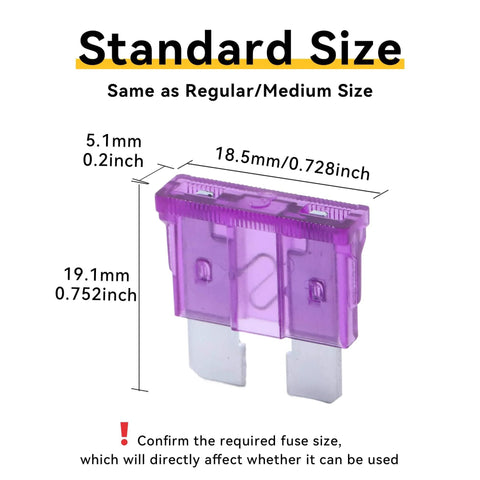 Image of a purple 3 Amp ATC ATO auto fuse with tin-plated zinc terminals, dimensions labeled, for cars, trucks, boats, RV electrical systems.