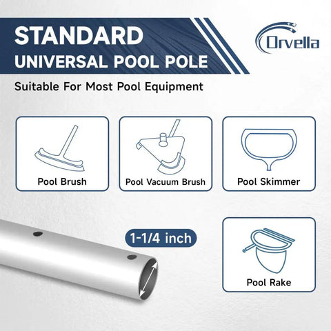 Standard universal pool pole with 1-1/4 inch diameter, fits pool brush, vacuum brush, skimmer, and rake for versatile cleaning.