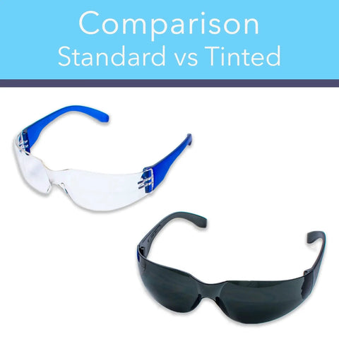 Comparison of standard and tinted safety glasses, highlighting Tinted Safety Glasses For Men And Women 24 Pack ANSI Z87 Plus UV Protection.
