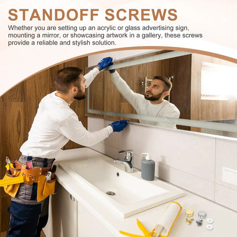 Person installing mirror with Gold Tone M4x0.7 Sign Standoff Screws With Spacers 8 Pack Wall Mount Hardware for Acrylic Glass Signs