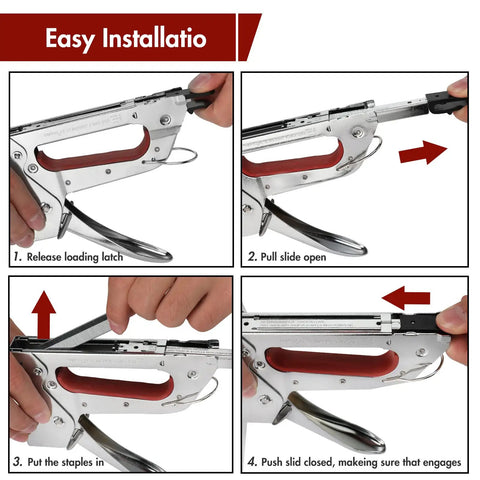 Step-by-step guide showing how to load Light Duty Staple Gun Kit with 2000 Three Eighths Inch JT21 Staples Rubber Grip Chrome Steel Housing