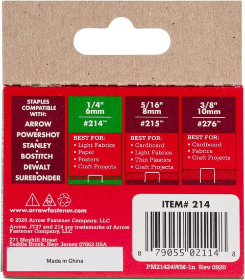Back view of packaging for Thin Wire Staples For Upholstery And Crafts Staplers One Quarter Inch Leg And Seven Sixteenth Inch Crown Grey 1000 Pack.