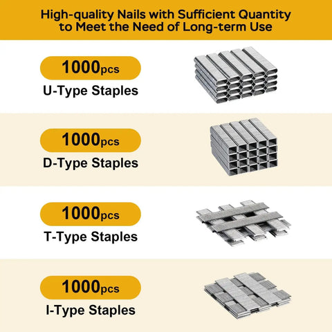 U-Type, D-Type, T-Type, I-Type staples displayed in 1000 pcs each, for the Heavy Duty 4 In 1 Upholstery Staple Gun With 4000 Staples.