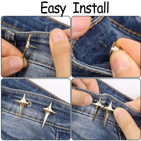 Installing 8 Sets Adjustable Star Button Pant Waist Tightener For Jeans And Skirts No Sew No Tools Detachable Decorative Waist Buckles