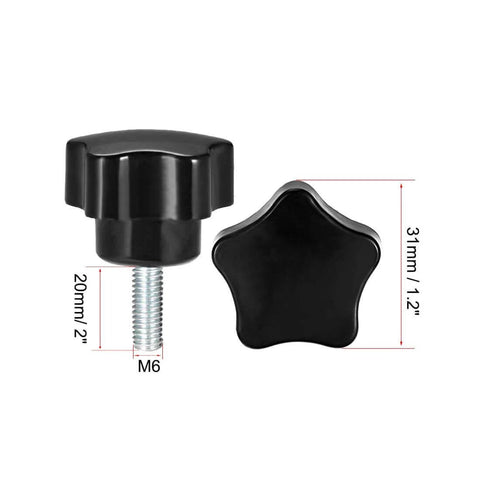 Star Knob Set M6 X 20mm Steel Zinc With Male Thread, front and top view showing dimensions, black handle with threaded metal insert.