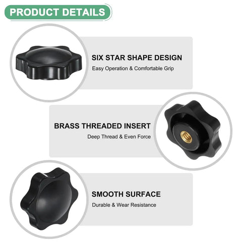 Six Pack Star Knobs With Quarter Inch Female Thread Hex Head Blind Hole Clamping Grips Black
