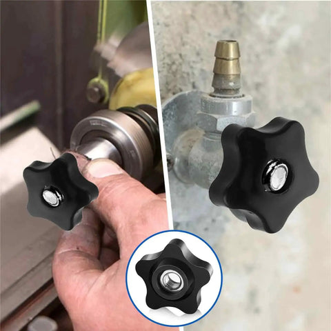 4 Pcs 3/8-16 Star Knobs with Female Threads, Nylon and Copper for T-Track Bolts and Jigs, used in workshop equipment setup.