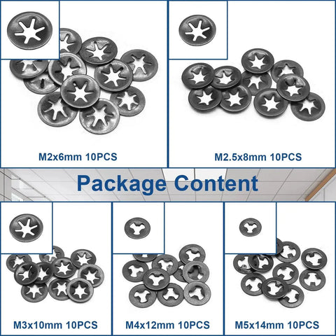Star Locking Tooth Washers Kit 50Pcs 5 Sizes M2 to M5 showing organized layout and packaging details.
