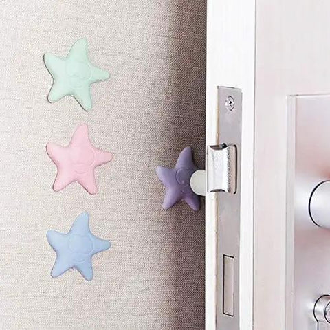 Starfish-shaped silicone bumpers protecting wall from door handle, self-adhesive installation showing in pastel colors