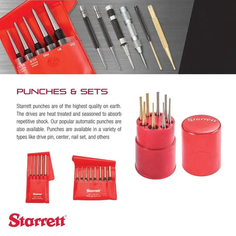 Eight Piece Drive Pin Punch Set with knurled grips in a round red storage box; 4 inch length, diameters from 1/16 to 5/16 inch