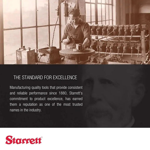Historic image of machinist working with Starrett tools, highlighting the commitment to quality since 1880, emphasizing precision.