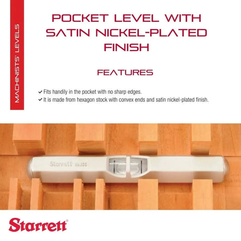 Starrett pocket level 2-1/2 inch, hex brass body with satin nickel finish in product packaging showing features.