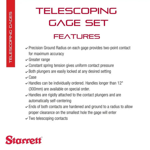 Starrett Telescoping Gage Set features overview for accurate hole sizing and self-centering with two arms, 5/16 to 6 inches range.